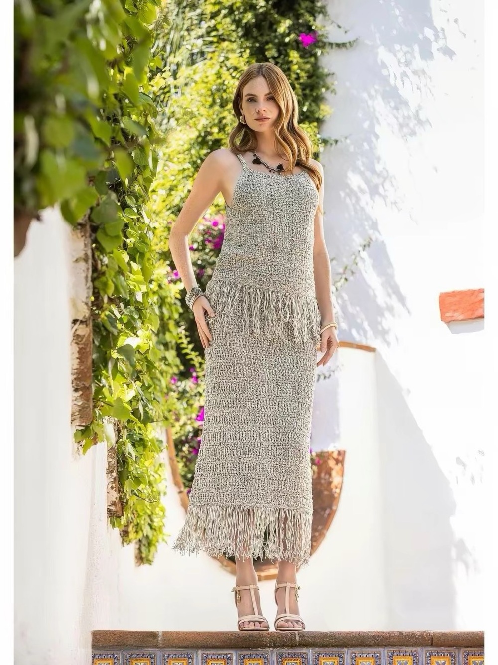 Andrea Boho Knit 2 Piece Set Fringe Cami Tank & Midi Maxi Skirt Beige Marled